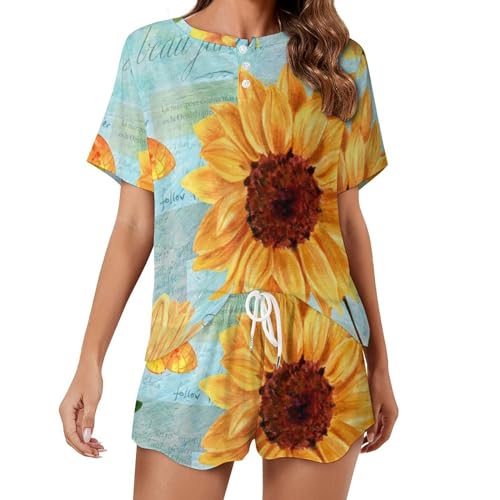 Pyjama court femme tournesol et papillon ensemble d'été confortable pour la nuit