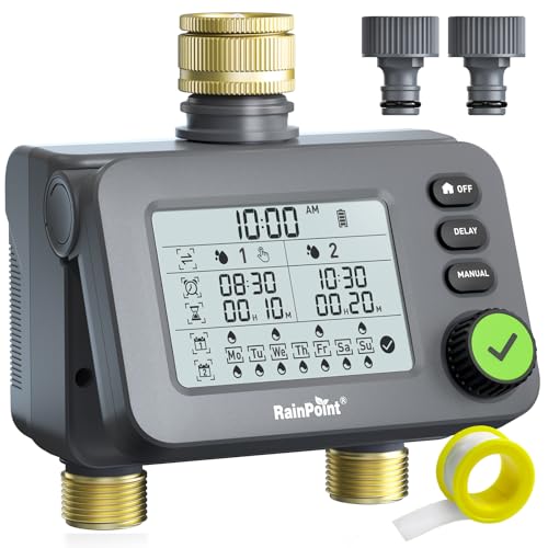 RAINPOINT Centralina Irrigazione 2 uscite con ingresso e uscita in ottone, Timer Irrigazione con ritardo della pioggia/modalità automatica e manuale, IP54/grande LCD, Computer di irrigazione giardino