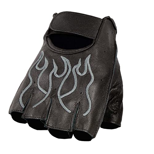 Milwaukee Leather Sh198 Men's Black Leather Gel Padded Palm Fingerless Motorcycle Hand Gloves W/ ‘Grey Flame Embroidered’ - Large #TOP1