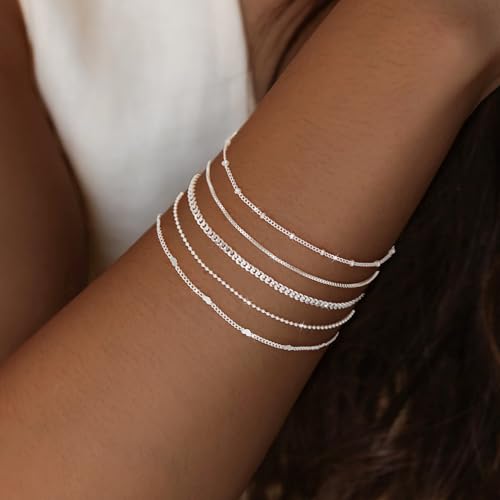 S925 Sterling Silver Bracelets Set for Women, Dainty Silver Bracelets for Women Trendy Bracelet Pack for Women, Cute Stack Sliver Bracelets Fashion Simple Silver Jewelry Gifts2