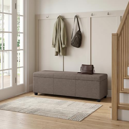 Image of SIMPLIHOME Avalon 54 inch Wide Linen Look Fabric Storage Ottoman in Fawn Brown