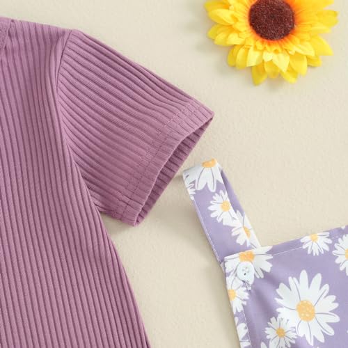 Image of Toddler Baby Girl Summer Clothes Kids Short Sleeve Solid T-Shirt Ruffle Daisy Skirts Overalls Dress Outfit 18M-6T