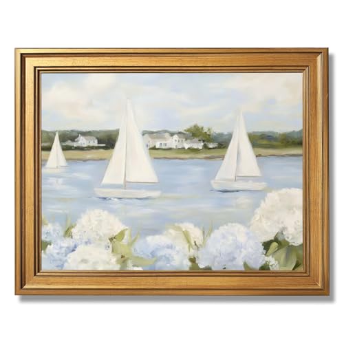 Licpach Grandmillennial Preppy Coastal Wall Art Nautical Sailboat Blue White Floral Canvas Print Vintage Seaside Beachy Cottagecore Decor Posters forBathroom Bedroom Aesthetic 12X16inch Golden Frame