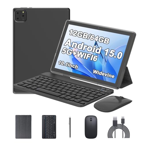 ICONLINK Android 15 Tablet 10 Inch, 12(3+9) GB RAM+64GB ROM, 2 in 1 Tablets with Keyboard Case Mouse Stylus, 1.8GHz Five-core Processor, 1280 * 800 IPS HD Screen, 5G WiFi6 BT 5.3 Tableta PC（Black