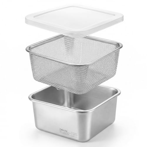 2 in 1 Stainless Steel Washing Up Bowl Set, 7.48" Sturdy Square Dish Tub with Colander, Fruit Vegetable Washing Basin, Food Box for Heating and Refrigeration Draining Rice, Pasta (2500ML)