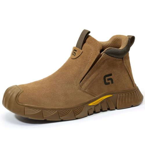 Image of GLANOUDUN Steel Toe Shoes for Men Welding Work - Slip-On, Mid-Top, Brown