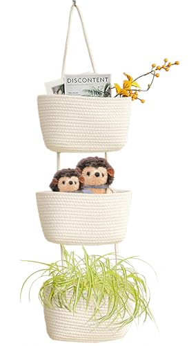 AARAINBOW Wall Hanging Cotton Baskets, Large 3 Tier Decorative Basket for Wall, Nursery, Bathroom, Boho Organizing (B-White)
