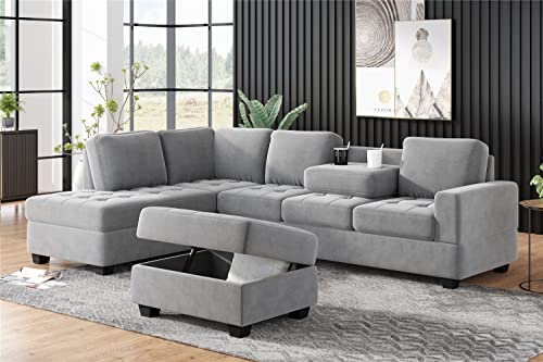 JINS&VICO Modern Sectional Sofa with Reversible Chaise, L Shaped Corner Couch Set with Storage Ottoman and Two Cup Holders for Living Room Apartment, Gray