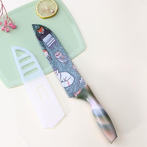 Image of Color Printed High Carbon Stainless Steel Santoku Chef's Knife with Blade Cover, (Forest Green)