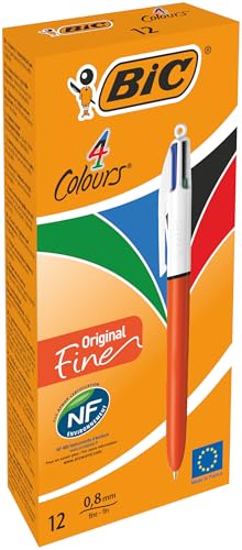 Bic Bolígrafos Línea Fine - Caja de 12 en 4 Colores, 0.8 mm, Rojo, Negro, Verde y Azul Original - Ideales para Escribir