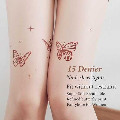 Image of Women's Nude 15D Butterfly Pattern Pantyhose, Ultra-Thin Anti-Snag Tights with Reinforced Toes, Super Elastic Comfort for Everyday Wear(Skin color)