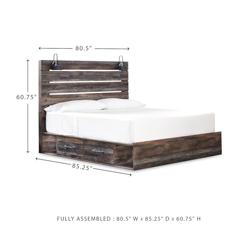Image of Signature Design by Ashley Drystan King Storage Bed Frame with Drawers, Built-in USB Ports and LED Lights, Rustic Engineered Wood, for Master Bedrooms, Brown, King