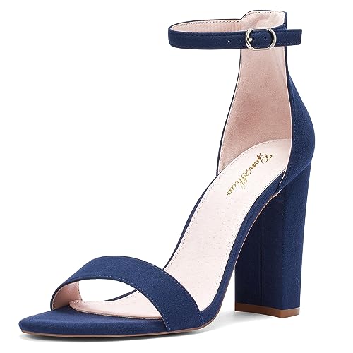 Image of GENSHUO Women's 4-inch Chunky High Heel Sandals with Ankle Strap,Party Wedding Bridal Shoes