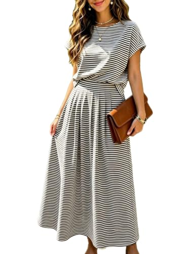 Image of Zontroldy Women's Summer 2 Piece Outfits Striped Skirt Sets Cap Sleeve Crop Top Midi Dress Matching Travel Outfits