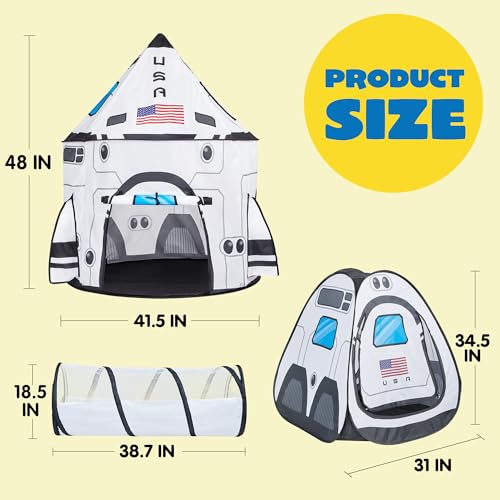 JOYIN White Rocket Ship Pop up Play Tent with Tunnel and Playhouse Kids Indoor Outdoor Spaceship Tent Set - Image 4