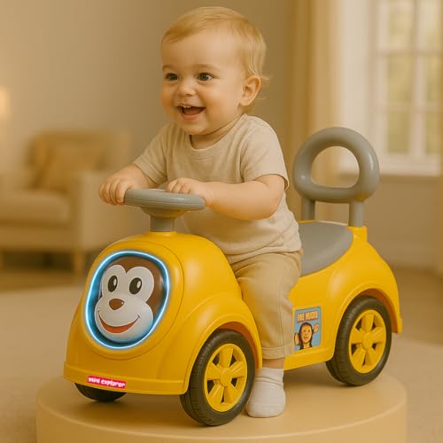 Image of MiniExplorer Monkey Ride-On Toy Car for Kids | Push Ride Car with Music, Horn, Backrest, Safety Guard, Under Seat Storage & Big Wheels | Baby Ride-On for 1-3 Years Boys & Girls - Yellow