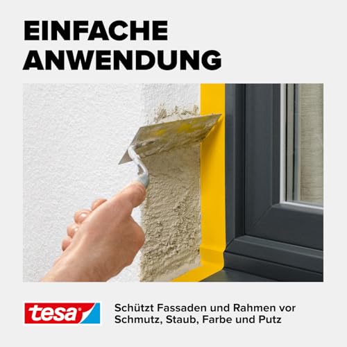 tesa Putzband PVC mit Prägung - Putzklebeband mit hochwertigem PVC-Trägermaterial, von Hand einreißbar - zum Schutz beim Verputzen im Außenbereich - gelb - 33 m x 50 mm