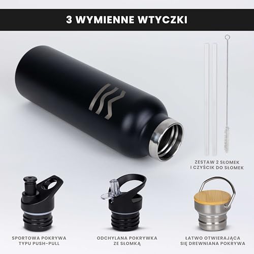 Czarna Metalowa Butelka na Wodę 750 ml - HUIIKE | Izolowana Butelka z Rurką I 3 Nakrętkami | Stal Nierdzewna, bez BPA | Utrzymuje 12 h Ciepła I 24 h Chłodu, Szczelna I Wielokrotnego Użytku