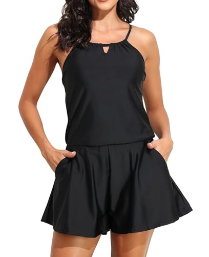 Smismivo Shorts Romper for Women Summer Modest One Piece Swimsuit Jumpsuit with Pockets Bathing Suit