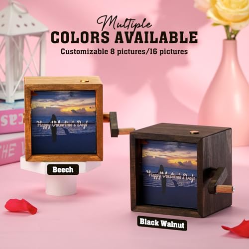 Custom Photo Flip Book Frame with Light, Personalized Animation Machine Mechanical Photo Album Hand-cranked Flipbook Box for Men Women Couples for Birthday Anniversary Valentine's Day (Beech)