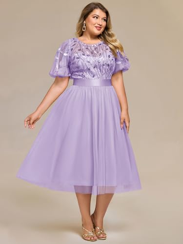 Image of Ever-Pretty Plus Women's Round Neck Embroidery Short Sleeves Sequin Tulle Midi Plus Size Cocktail Wedding Guest Dresses Lavender US20