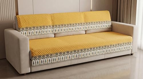 Image of KINGLY Sofa Cover 3 Seater Fully Covered | Stretchable Anti-Slip Slipcover | Washable Furniture Protector | Mustard Yellow | Set of 2 | Seat & Back |