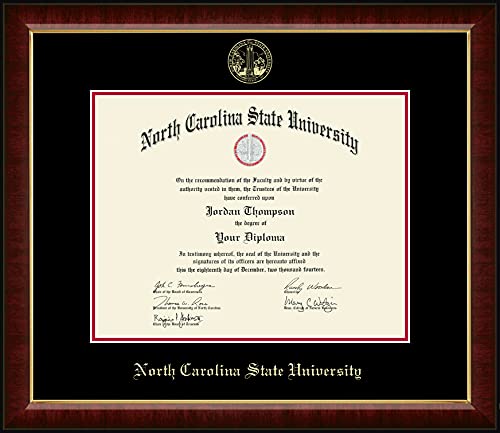 North Carolina State University 14" W X 11" H Diploma Frame - Fits a Bachelor's, Master's and Phd - Gold Embossed Diploma Frame - Cherry Moulding with Black and Red Matting