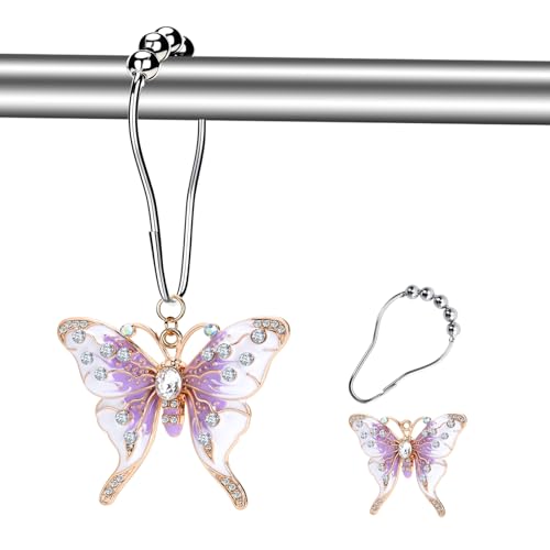 Elerslodia Decorative Purple Butterfly Shower Curtain Hooks Set,12 Pieces,Crystal Rhinestone