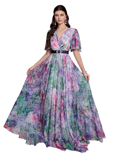 Image of TOLEEN Summer Casual Dresses for Women 2024 Spring Fashion Boho V Neck Long Sleeve Ruffle Floral Print Elegant Maxi Dress