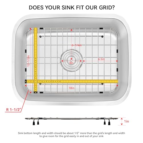Sink Grid 18\" X 12-1/2\", Stainless Steel Sink Grids for Bottom of Kitchen Sinks, Centered Drain with Corner Radius 1-1/2\"