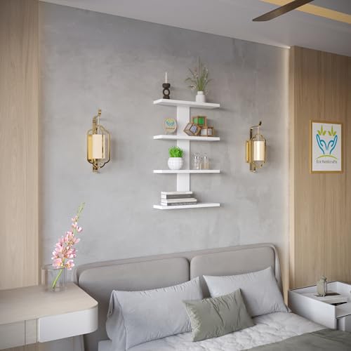 Image of Wooden Wall Mounted Floating Rack Shelves Book Stand Display Hanging Shelf Living Room Bedroom Storage Home Office for Decoration Showcase (White)