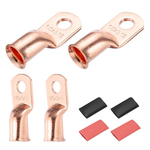 DMiotech 4 Pcs 1/0 AWG - 5/16 Copper Cable Lugs, Battery Cable Ends, Heavy Duty Copper Wire Lugs with 4pcs Heat Shrink Tubing for Electrical Projects