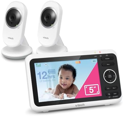 VTech [Upgraded] VM350-2 Baby Monitor, 5" Screen,2 Cameras,1000ft Range, Night Vision, 2-Way Audio, Lullabies, Secure Transmission No WiFi