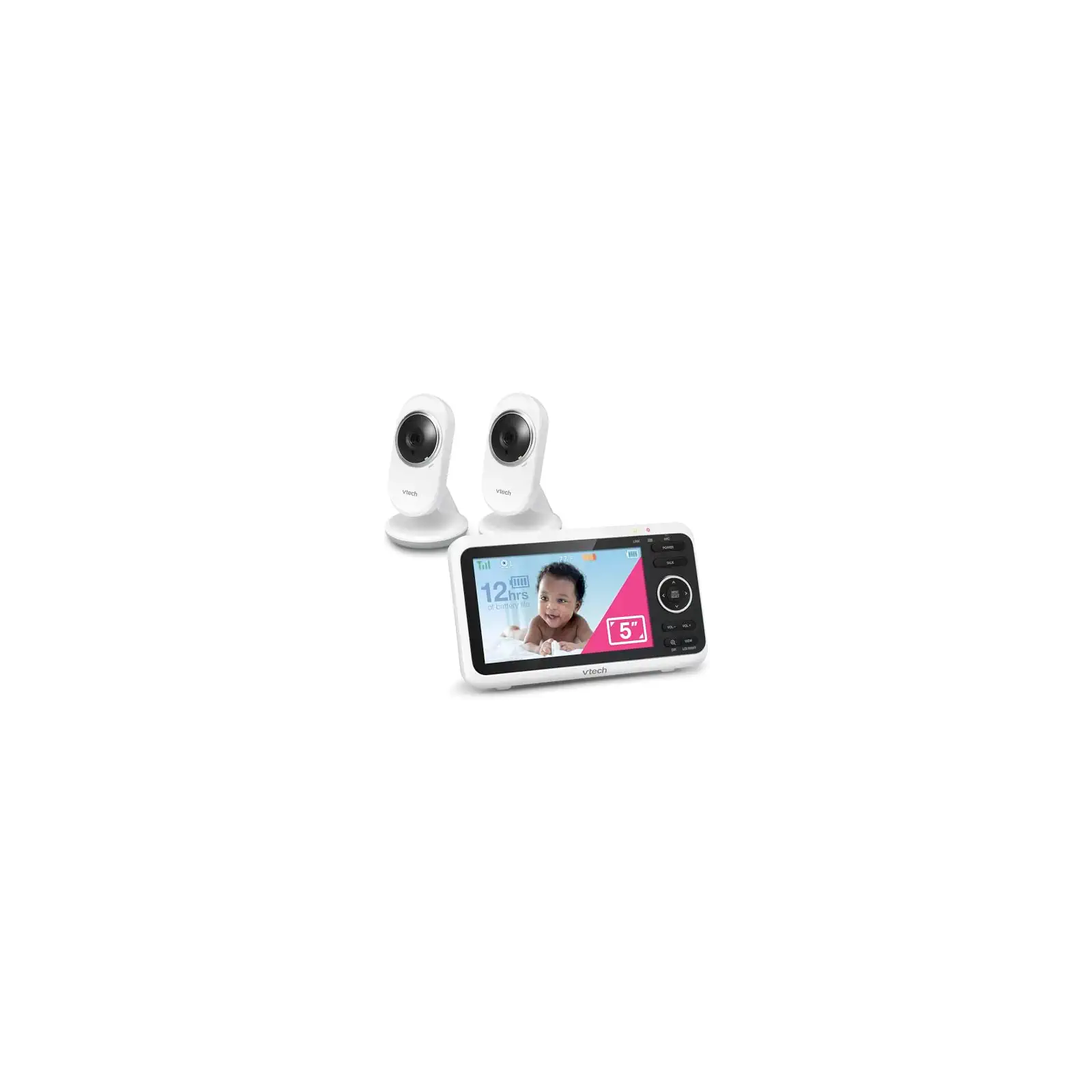 VTech Baby Monitor with 2 Cameras No WiFi & 5" Screen – Split-Screen, Patrol Mode, Night Vision, Two-Way Talk, Temperature Sensor, Lullabies, 1000ft Range | VM350-2