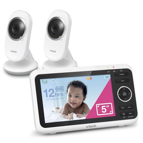 VTech Baby Monitor with 2 Cameras No WiFi & 5" Screen – Split-Screen, Patrol Mode, Night Vision, Two-Way Talk, Temperature Sensor, Lullabies, 1000ft Range | VM350-2