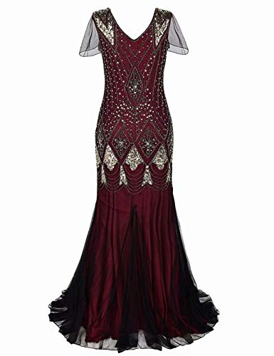 Generic Frauen 1920er Jahre Long Abendkleid Perlen Pailletten Meerjungfrau Hem Ball Abendkleid mit Ärmel Stirnband frei (M, Red Gold) Cover