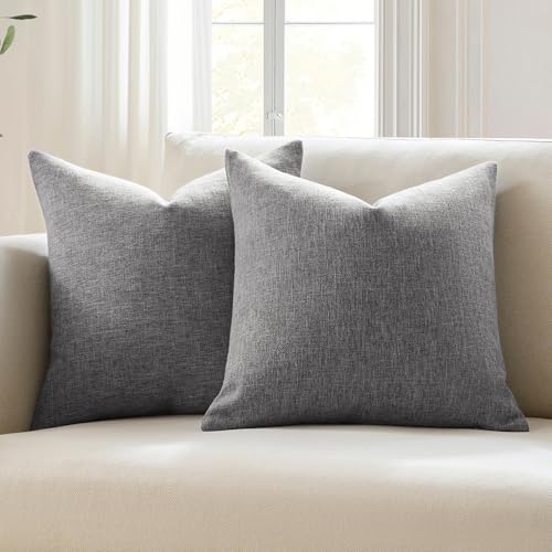 Meekio Set of 2 Charcoal Gray Throw Pillow Covers 16x16, Modern Farmhouse Linen Blend Decorative Pillow Covers for Couch Sofa Bed