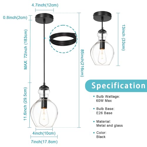 Image of Black Clear Glass Pendant Lighting for Kitchen Island Entryway 7 Inch