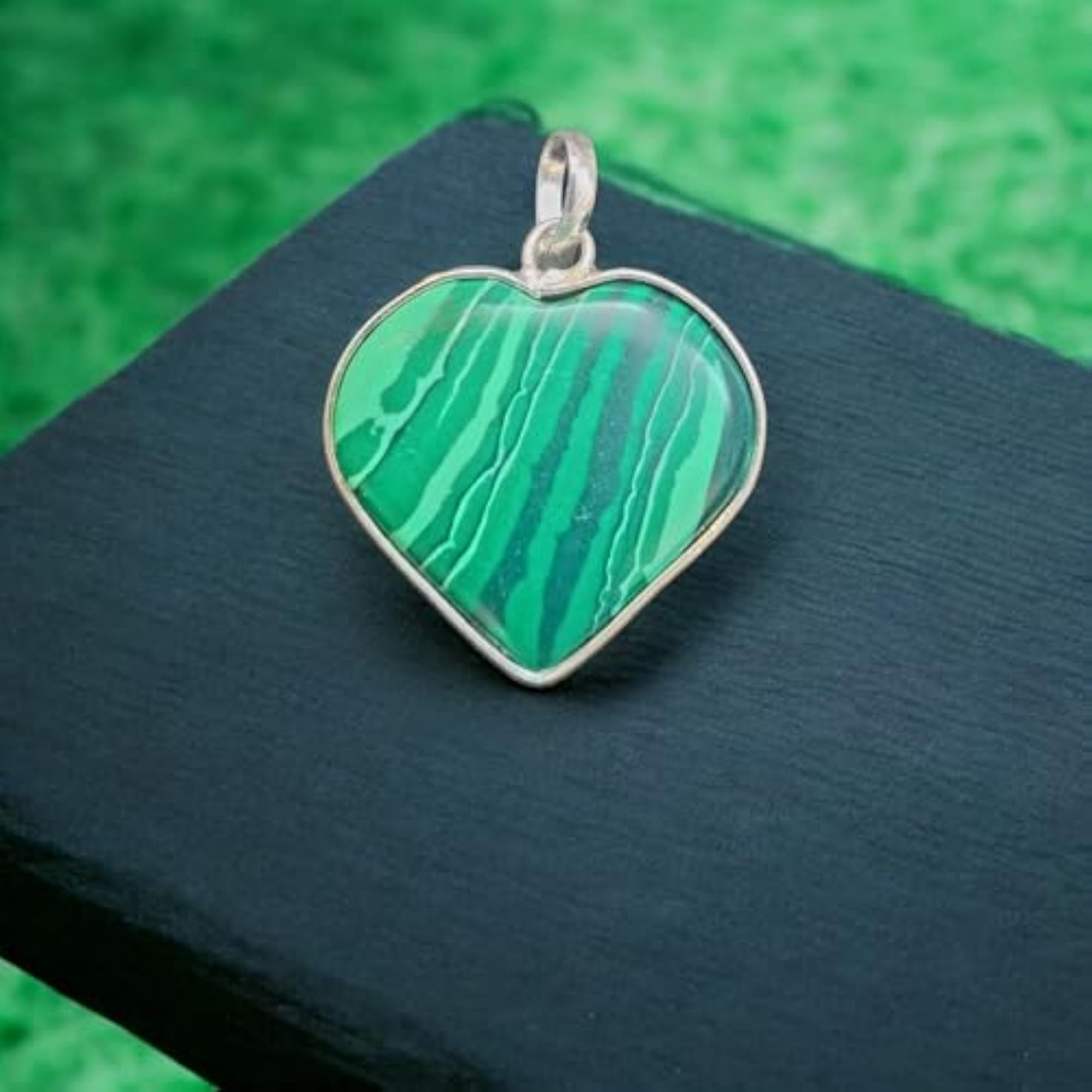 Natural Malachite Heart-shaped Pendant with German Silver Chain, Unisex
