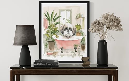 Image of Shih Tzu in Bathtub Black Framed Wall Art Poster Print, Animal Bathtub Restroom Wall Art Painting for Bathroom Decor Gallery Gallery 30 (Shih Tzu in Bathtub, 14 inch L x 11 inch W, Black Frame)
