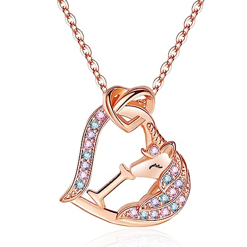 Unicorns Gifts for Girls, 14K Gold/White Gold/Rose Kiss Unicorn Necklace for Girls Initial Unicorn Jewelry for Kids Birthday Gifts for Girls Colorful CZ Jewelry Christmas Unicorn Gifts for Girls Age