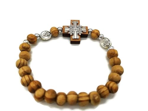 Olive Wood Bracelet Icon Jerusalem Cross Sliver Elastic Hand Made Holy Land Gift, Brown, 3 - 4 Inch / 7 - 10 Cm #TOP5