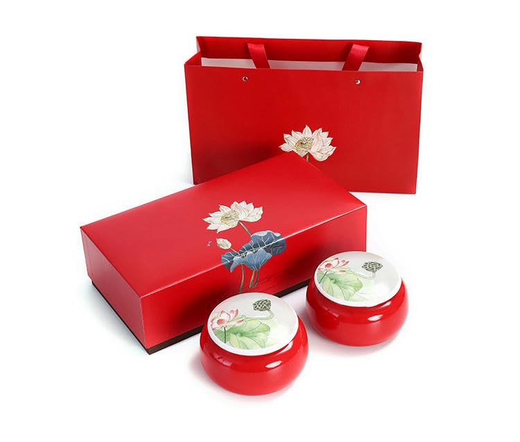 NANZU 9 * 14.5CM Barattoli di Ceramica di Loto Dipinti a Mano Rossi con coperchi Confezione Regalo Barattoli di Ceramica ermetici per tè e caffè Barattoli di Porcellana