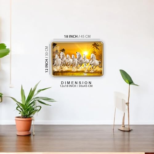 Image of Dharvika Innovations 7 Running Horses Photo Frame, Ultra High Gloss Lamination, Vastu Painting for Living Room, Office, 12x18 Inch (Design 11)