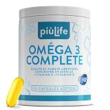 Omega 3 IFOS 5 étoiles Certifié Avec Vitamine D3 2000 UI Et E PiùLife, 120 Softgels, Huile De Poisson Omega 3 DHA EPA 2000 mg et 1000 mg par dose, Soutien Cœur, Vue, Os, Cerveau