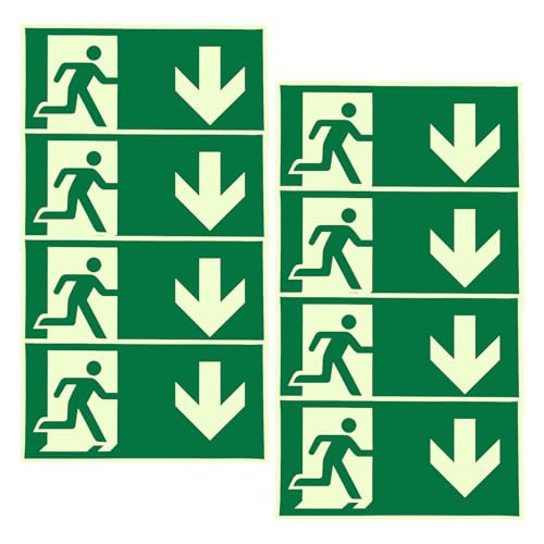 8 Stück Notausgangsschild, 300X150mm PVC Notausgang Schild Fluchtwegschilder Nachleuchtend, Selbstklebend Schild Notausgang mit Pfeilen nach Unten für Hotels, Schulen, Kinos