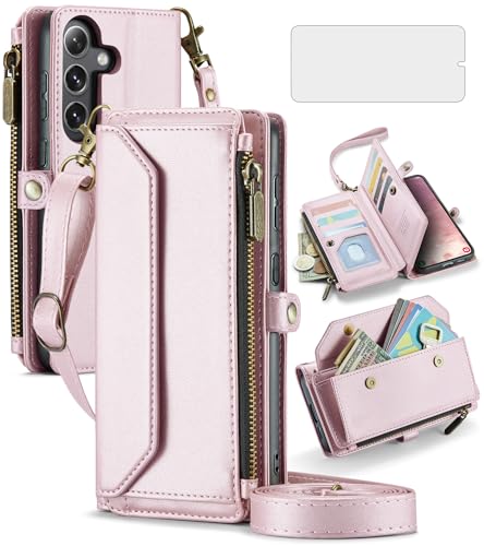 Asuwish Phone Case for Samsung Galaxy S25 FE 5G Zipper Wallet Cover with Tempered Glass Screen Protector and Leather Flip RFID Blocking Card Holder Cell S 25 EF S25FE 25S 25FE Women Girls Rose Gold