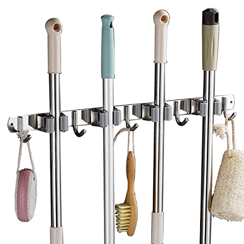 Flybath Soporte para fregona con 4 estantes y 5 ganchos SUS 304 de acero inoxidable para herramientas de almacenamiento de pared, soporte organizador para cocina, baño, autoadhesivo/perforación, gris Cover