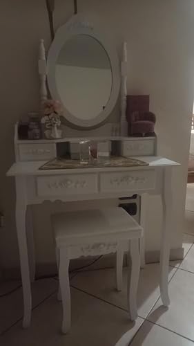 Set Trucco GIANTEX - Tavolo Toeletta In Legno Con Sgabello Imbottito, Specchio Rimovibile, 3 Cassetti, Bianco