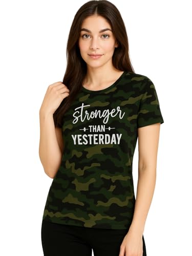 Image of LEOTUDE Half Sleeve Regular Fit Tshirt for Women, Round Neck Half Sleeves Military Printed Tshirt Tops for Women